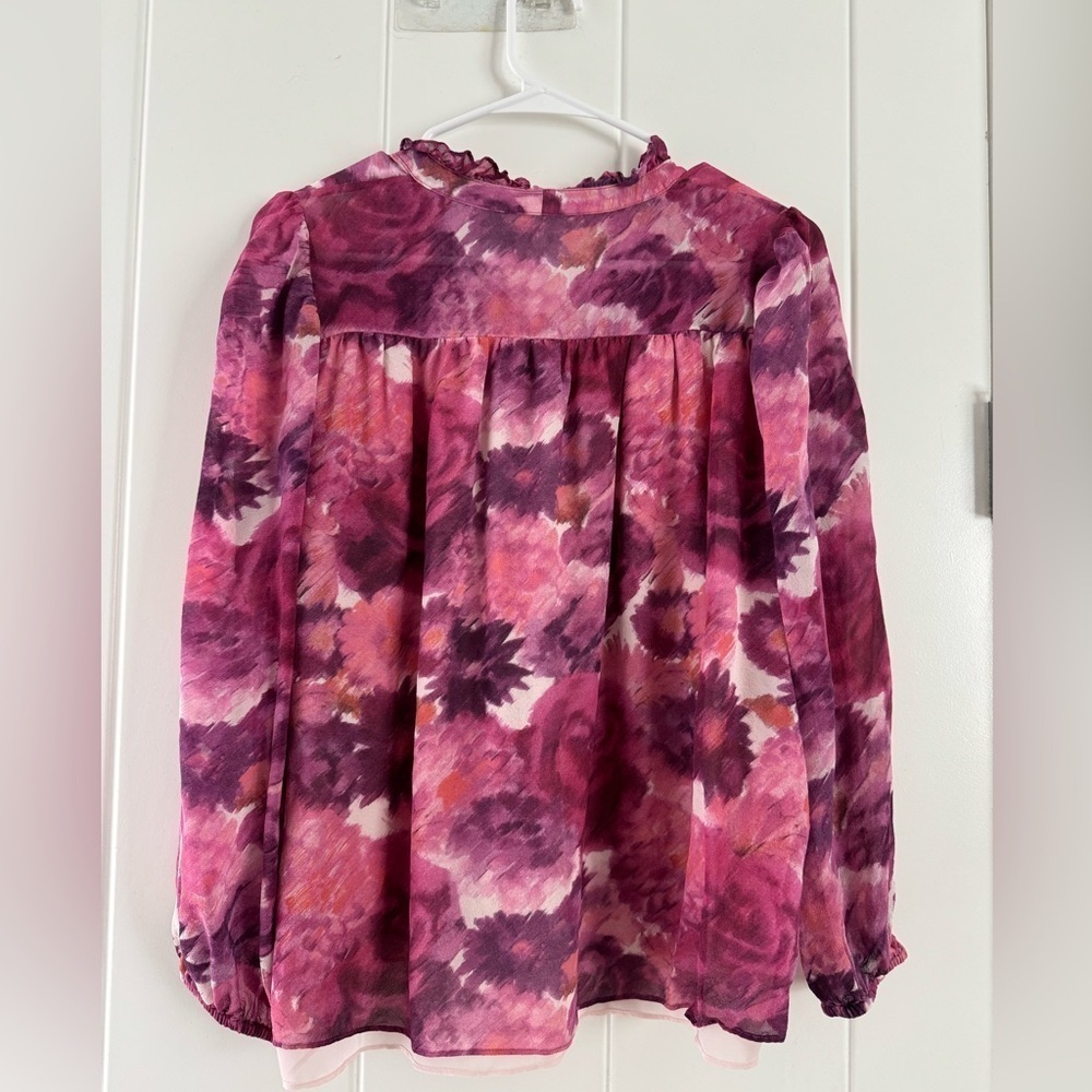 LoveShackFancy Gamela Blouse Top Tie Neck Silk Pre-dawn Sky Pink Medium - Picture 5 of 8